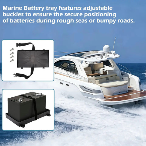 Marine Rock Solid Group 27 Battery Tray With Quick Release Strap For Automotive Marine RV And Boat secure for rough seas.