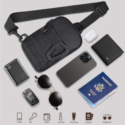 Slim EDC Sling Bag For Men Tactical Waterproof Mini Crossbody Chest Pack with travel essentials around it.