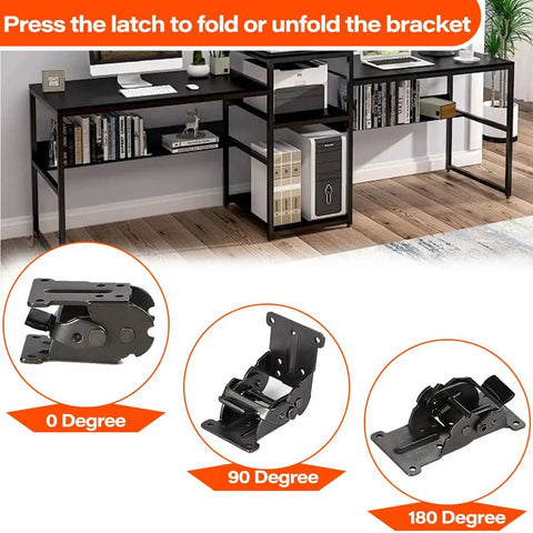 Built Tough Steel Folding Brackets With Self Locking Zero To One Eighty Degree Pivot Hinge showing 0, 90, and 180 degree positions.