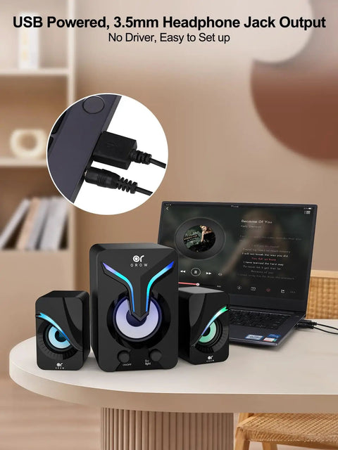 2.1 Channel Desktop Speakers with Subwoofer and RGB Lighting USB Powered Gaming Speaker set up with a laptop