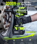 Beefy Cordless Impact Wrench 2000Nm Brushless High Torque One Half Inch Drive in use loosening lug nuts on vehicle tire.