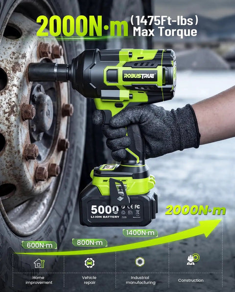 Beefy Cordless Impact Wrench 2000Nm Brushless High Torque One Half Inch Drive in use loosening lug nuts on vehicle tire.