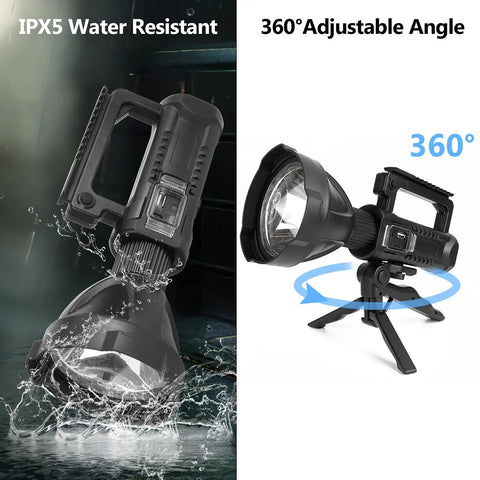 Beast Bright 90000 Lumen Handheld Spotlight Flashlight with Rechargeable Battery, 4 Modes, Waterproof Searchlight on tripod
