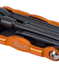 Orange Anodized TechTool Drum Key and Drum Set Multi Tool with Forged S2 Alloy Tools, folded view of hex keys and parts.