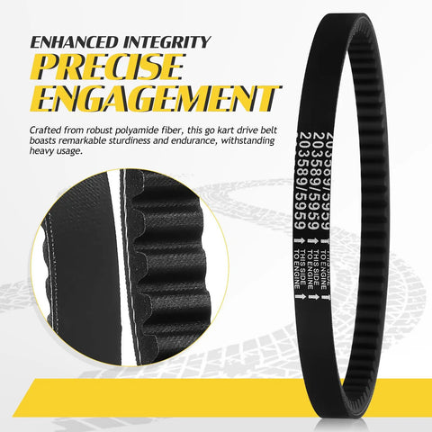 Tough Go Kart Drive Belt With Polyamide Fiber For Smooth Torque, Vibration Dampening And Extreme Racing durability That Keeps You Cruising Fast Without Any Stretching Or Shearing Woes On The Track. black go kart drive belt with polyamide fiber, shown in side view