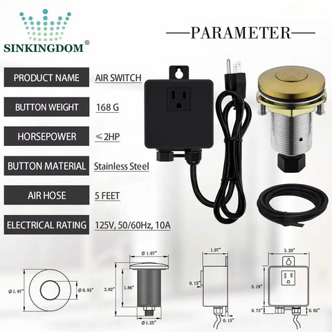 Garbage Disposal Sink Top Air Switch Kit With Champagne Gold Brass Button Stainless Steel Button Option Durable Finish