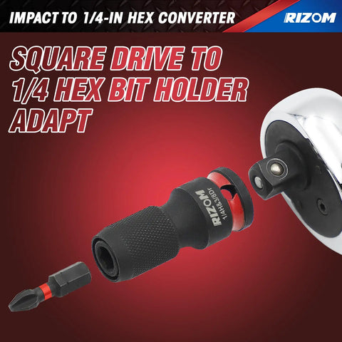 Three Piece Quick Release Impact Bit Holders Set With One Half Inch, Three Eighths Inch And One Quarter Inch Square Drive To One Quarter Inch Hex Shank Adapters For Impact Wrenches And Ratchets, Fast Quick Change Bit Conversion For Tough Jobs close-up
