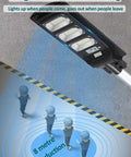 JUDYSSY Solar Lights Outdoor - 300W Led Solar Street Light showing motion sensor feature with long-distance radar sensing.