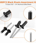 600 Piece Black Aluminum Blind Rivets Assortment Kit In 15 Sizes From 2.4x6mm To 6.4x16mm With Portable Storage Case For Auto Repair