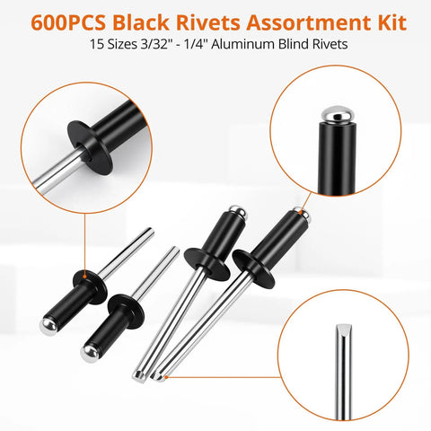 600 Piece Black Aluminum Blind Rivets Assortment Kit In 15 Sizes From 2.4x6mm To 6.4x16mm With Portable Storage Case For Auto Repair