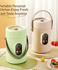 Portable 500W Electric Cooker With Ceramic Glaze Inner, Built-In Steamer, 12-Hour Timer And Keep-Warm, 800ml Capacity For Noodles And Soup, Dorm-Friendly, Office-Ready, On-The-Go Travel, Green on kitchen counter next to beige cooker.
