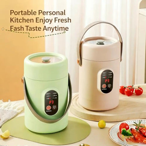 Portable 500W Electric Cooker With Ceramic Glaze Inner, Built-In Steamer, 12-Hour Timer And Keep-Warm, 800ml Capacity For Noodles And Soup, Dorm-Friendly, Office-Ready, On-The-Go Travel, Green on kitchen counter next to beige cooker.