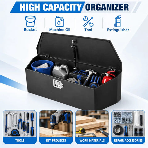 Beefy Heavy Duty Steel Trailer Tongue Box For Pickup And RV Featuring Cold Rolled A Frame Storage Setup That Locks In Rig Gear And Handles Rough Off Road Driving with tools and equipment inside.