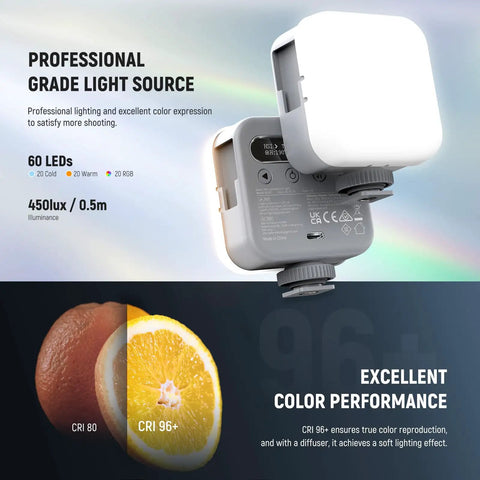 Magnetic RGB Video Light For Cameras, 360 Degree Full Color LED Light With CRI 96 Plus, close-up of light source details on BL60C