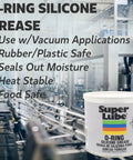 Front view of Super Lube O-Ring Silicone Grease canister, white translucent plastic, 14.1 oz, color-striped label.
