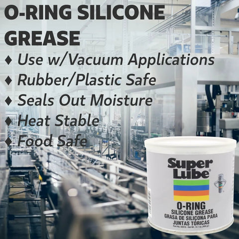 Front view of Super Lube O-Ring Silicone Grease canister, white translucent plastic, 14.1 oz, color-striped label.