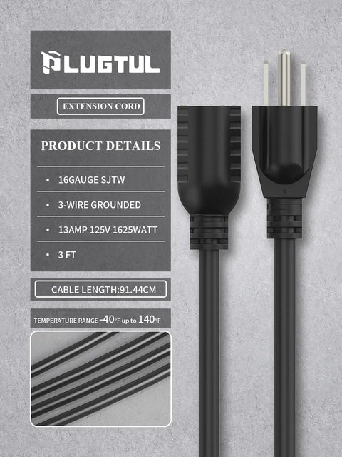 Front view of 3 Ft Black Extension Cord For Indoor And Outdoor Use with 3 Prong Grounded Plug 16 Gauge SJTW Cable ETL Listed 125V 13A