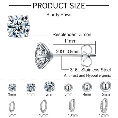 Stainless Steel Earring Set For Women, 10 Pairs, Includes Small Huggie Hoops, CZ Studs, And Glossy Spherical Studs, Versatile Stainless Steel Jewelry For Everyday Piercing Looks. 3mm-12mm