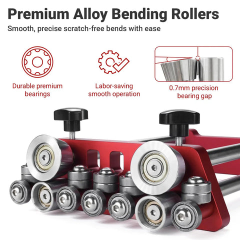 Close-up of Pro Grade Metal Bender Tool For Roofing And Sheet Metal Fabrication, showing roller bearings with 0.7mm precision gap.
