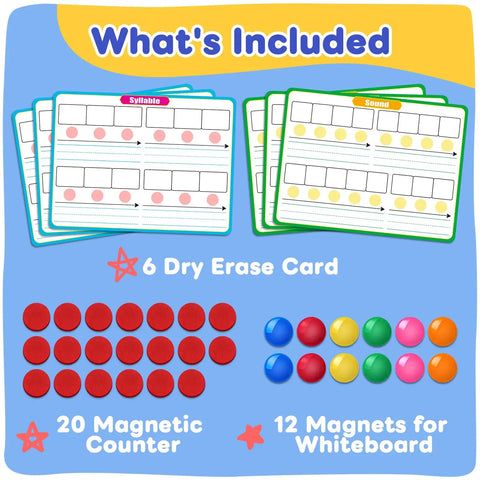 Giant Phonics Dry Erase Cards Six Pack For Phonemic Awareness And Syllable Practice with magnets and counters shown.