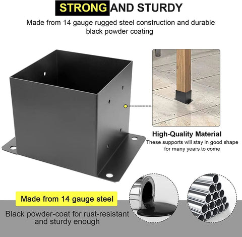 Built Tough 6x6 Post Base Brackets 5 Pack Inner 5.6x5.6 Inches Black Powder Coat 14 Gauge Steel Bolt Down Deck Post Bases For Pavilion And Railing Support On Concrete, showing black steel bracket with wood post insert and material detail.