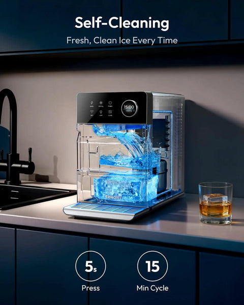 Top Counter Ice Cube Maker App Enabled Produces 110 Massive Two Inch Crystal Clear Daily Cubes For Your Home Bar With Lightning Fast Freeze and self-cleaning feature on countertop.