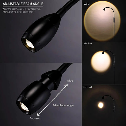 Adjustable LED Floor Lamp With Dimmable And Zoomable Spotlight, Flexible Gooseneck showing adjustable beam angles in matte black