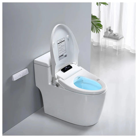Super Plush Heated Toilet Seat With Auto Opening Bidet Lid Smart Ambient Night Light Short V Shape Design showcased from the side.