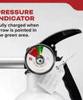 Close-up of pressure indicator on vehicle fire extinguisher for cars and trucks single use 10BC with all metal construction.