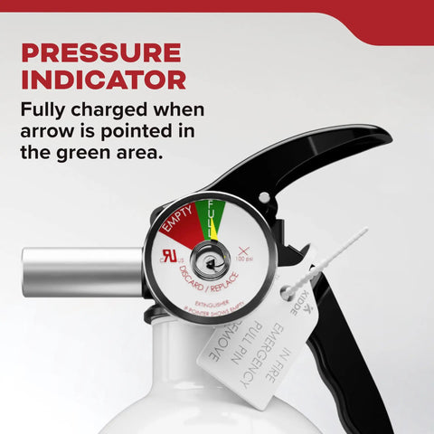 Close-up of pressure indicator on vehicle fire extinguisher for cars and trucks single use 10BC with all metal construction.