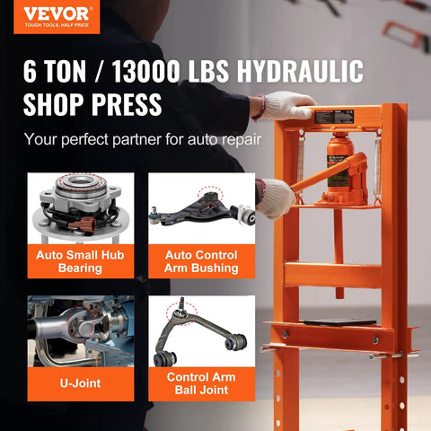 Heavy Duty 6 Ton H-Frame Hydraulic Shop Press For Garage Use showing components for auto repair like bearings and bushings.
