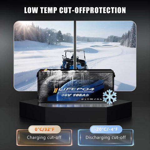 36V 105Ah LiFePO4 Lithium Golf Cart Battery Built Different For Tough Terrain with low temp cut-off protection.