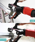 Heavy Duty Belt Sander Adapter For Angle Grinder Tough As Nails stainless steel attachment polishing metal tube in use.