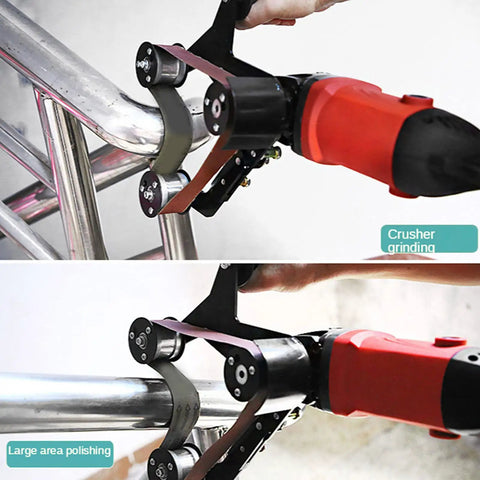 Heavy Duty Belt Sander Adapter For Angle Grinder Tough As Nails stainless steel attachment polishing metal tube in use.