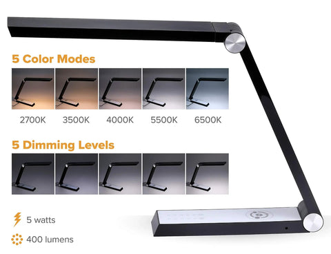 Dimmable Black Desk Lamp With Wireless Charging Pad And Dual USB Ports, five brightness levels and color temperature examples.