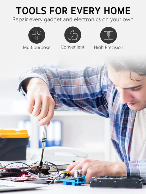 Person using Ultimate Magnetic Precision Screwdriver Set With 57 Bits And 63 In 1 Kit for electronic repair, close-up view.