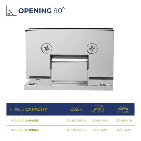 Heavy Duty Glass Shower Door Hinge With Full Back Plate Polished Chrome Finish For Half Inch Tempered Glass Frameless Doors showing 90-degree opening.