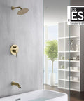 Brushed Gold Shower and Tub Faucet Set With Rain Shower Head and Tub Spout, High Flow Eight Inch Head, modern bathroom setting