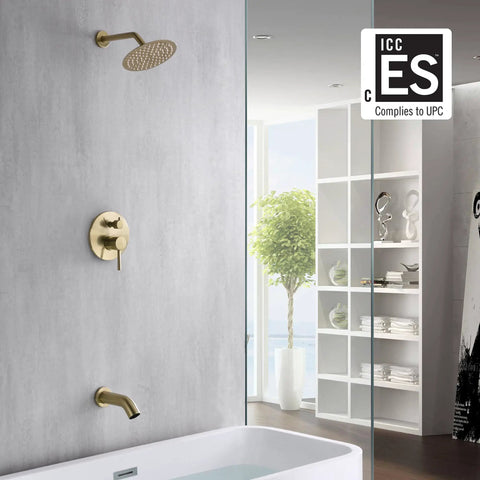 Brushed Gold Shower and Tub Faucet Set With Rain Shower Head and Tub Spout, High Flow Eight Inch Head, modern bathroom setting