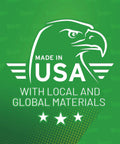Patriotic eagle graphic with text: Made in USA with local and global materials