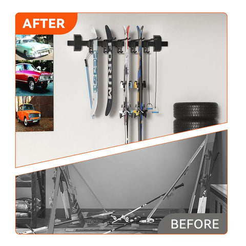 Premium Heavy Duty Ski And Snowboard Wall Rack For Garage Features Hella Adjustable Hooks And Rock Solid Steel Brackets holding skis on wall.
