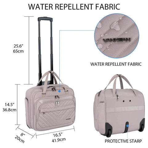 Rolling Laptop Bag For Women With Wheels 15.6 Inch Rolling Briefcase Water Repellent Overnight Computer Bag With RFID Pockets, Light Dusty Pink, dimensions and handle shown