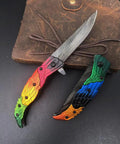 Colorful Eagle Head Embossed Folding Pocket Knife With Damascus Pattern Blade EDC Everyday Carry Utility Knife