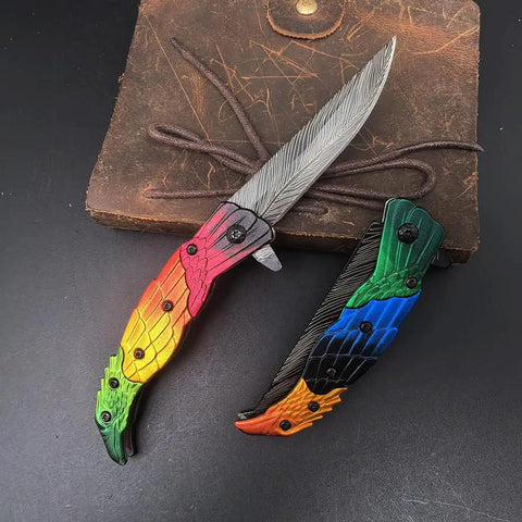 Colorful Eagle Head Embossed Folding Pocket Knife With Damascus Pattern Blade EDC Everyday Carry Utility Knife
