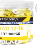 Front view: jar of yellow insulated heat shrink ring terminals, 1/4-in AWG 12-10, 100 pcs