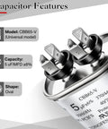 5uF Dual Run Oval Capacitor 370 To 440VAC CBB65-V Built Tough for Air Conditioners HVAC Systems features