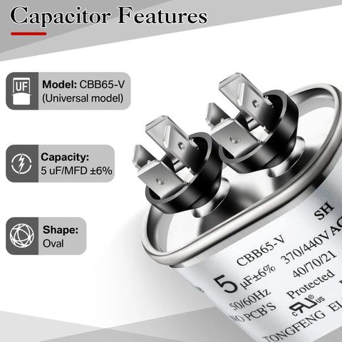 5uF Dual Run Oval Capacitor 370 To 440VAC CBB65-V Built Tough for Air Conditioners HVAC Systems features