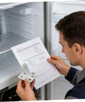 Person holding Top Shelf Metal Refrigerator Door Hinge Replacement instructions and metal hinge in front of a fridge.