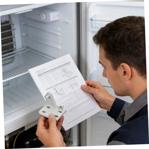 Person holding Top Shelf Metal Refrigerator Door Hinge Replacement instructions and metal hinge in front of a fridge.