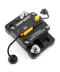 60 Amp Marine Grade Trolling Motor Circuit Breaker With Manual Reset And Push To Trip Power Cutoff, black unit close-up